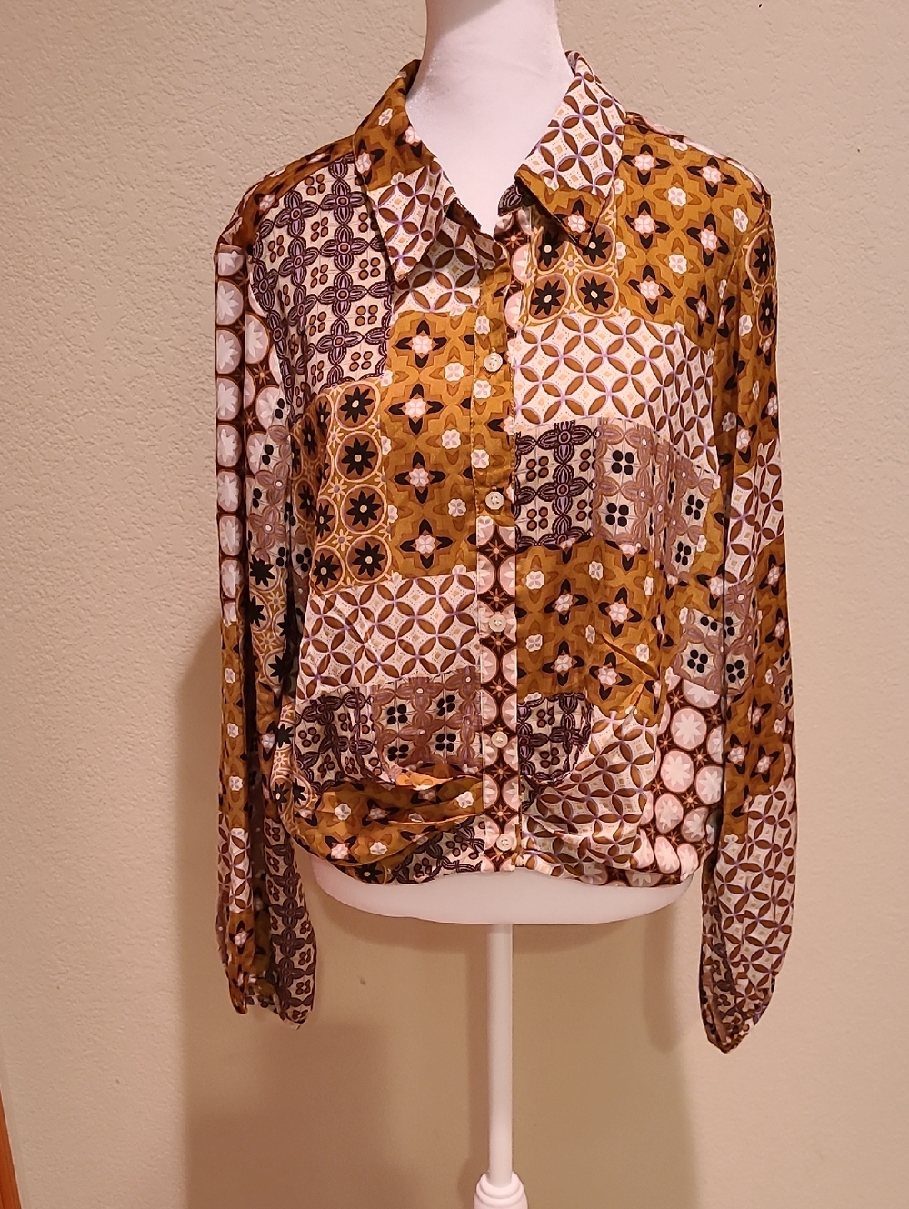 DREW Mustard Patchwork-Print Button Down Shirt Size L